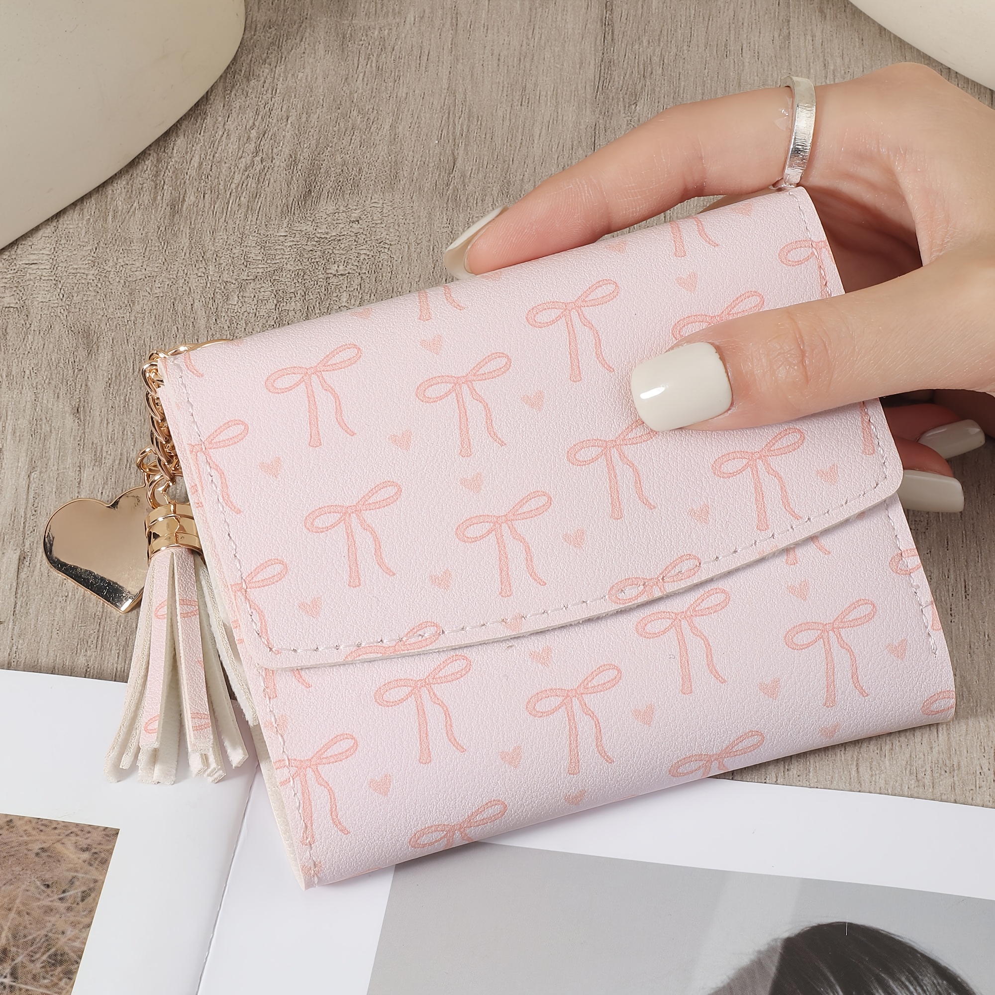 TEMU Easy And Casual Women's Short Wallet, Portable And Easy Multi-card Holder Card Bag, Easy Heart-shaped And Tassel Decorated Envelope Style Short