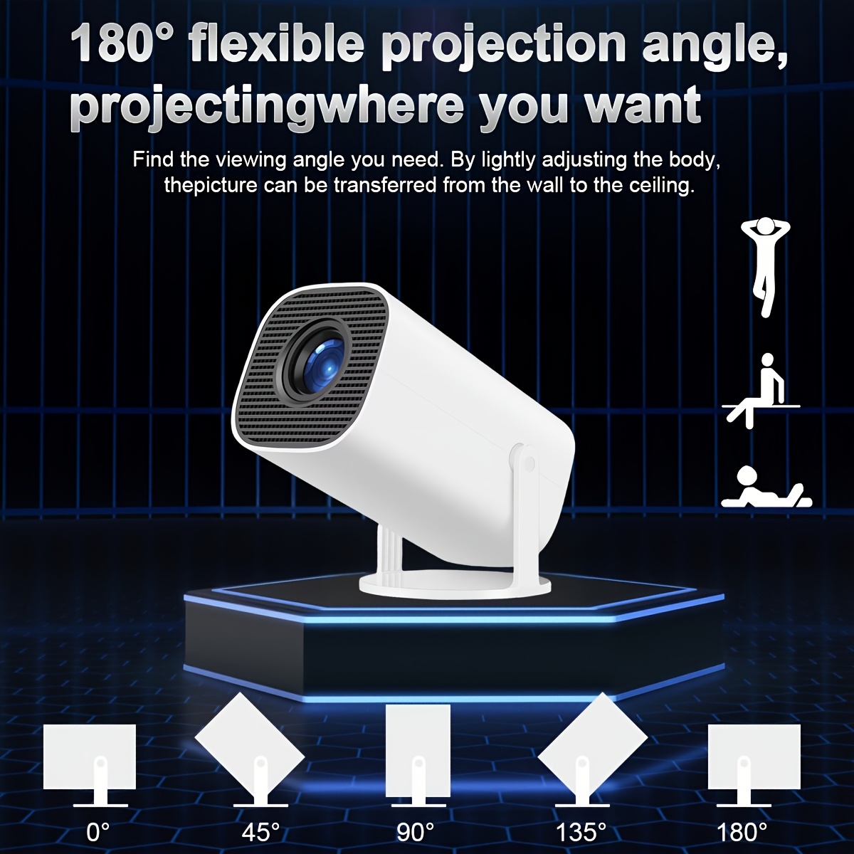 Projecteur intelligent sans fil | Prend en charge le décodage 4K, résolution locale 1280*720p, Android 11, angle de projection 180°, idéal pour le cinéma maison, les films sur le mur, la visualisation par téléphone ou la télévision