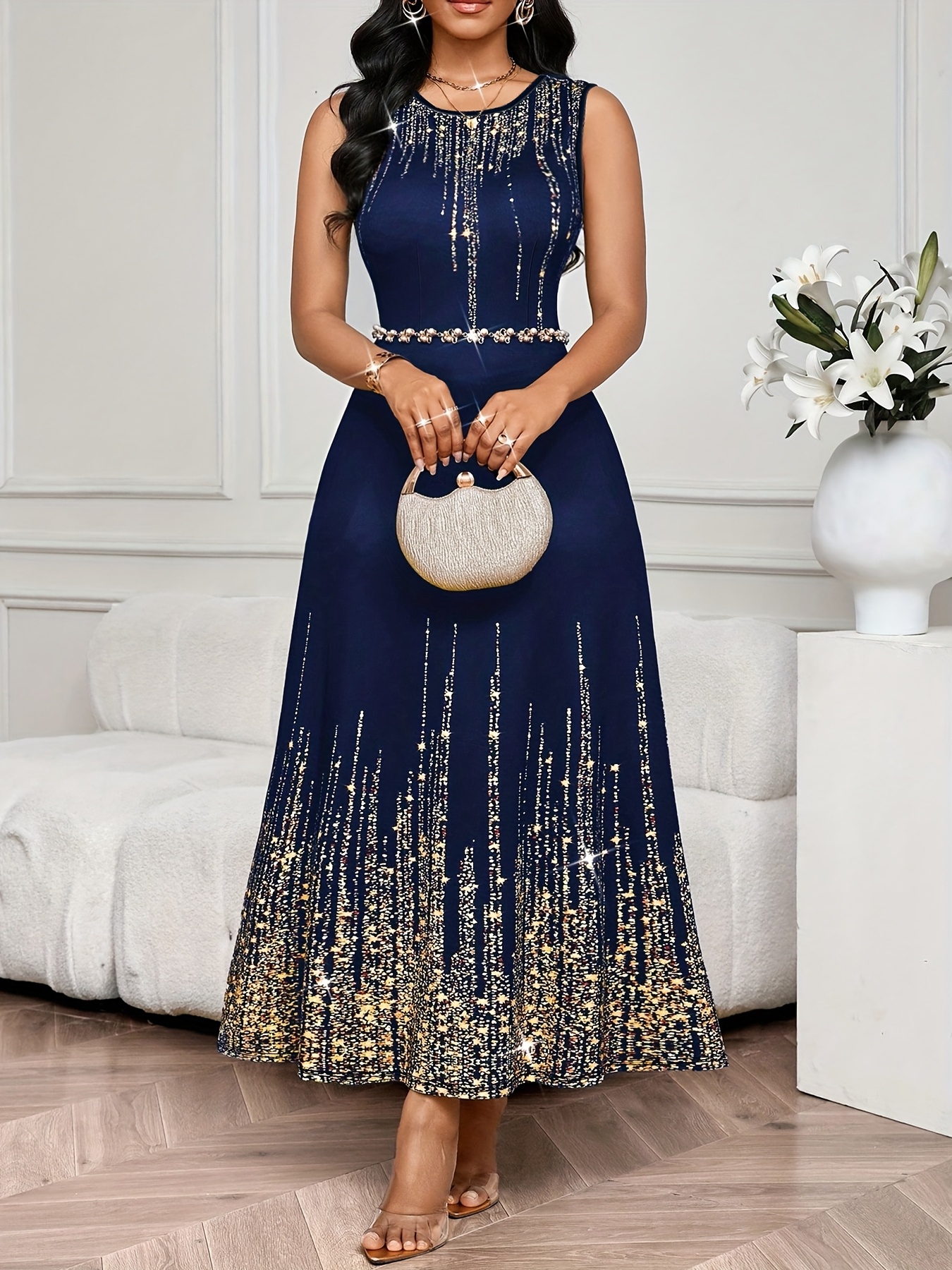 womens elegant navy golden glitter print sleeveless maxi dress formal party evening gown with round neck zipper back closure