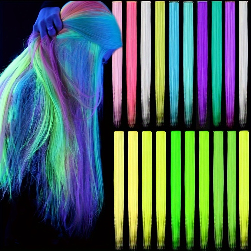 

10-piece Luminous Clip-in Synthetic Hair Extensions - Fluorescent Glow In The Dark Neon Hairpieces, , Smooth & Soft Texture For Parties, , New Year - Suitable For All, Women's Accessory