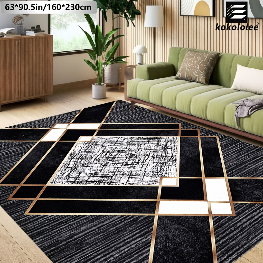 TEMU 1pc Kokololee Luxury Velvet Area Carpet | Modern Black Geometric Carpet, Non-slip Backing, Machine Washable, 100% Polyester Fiber, Suitable For