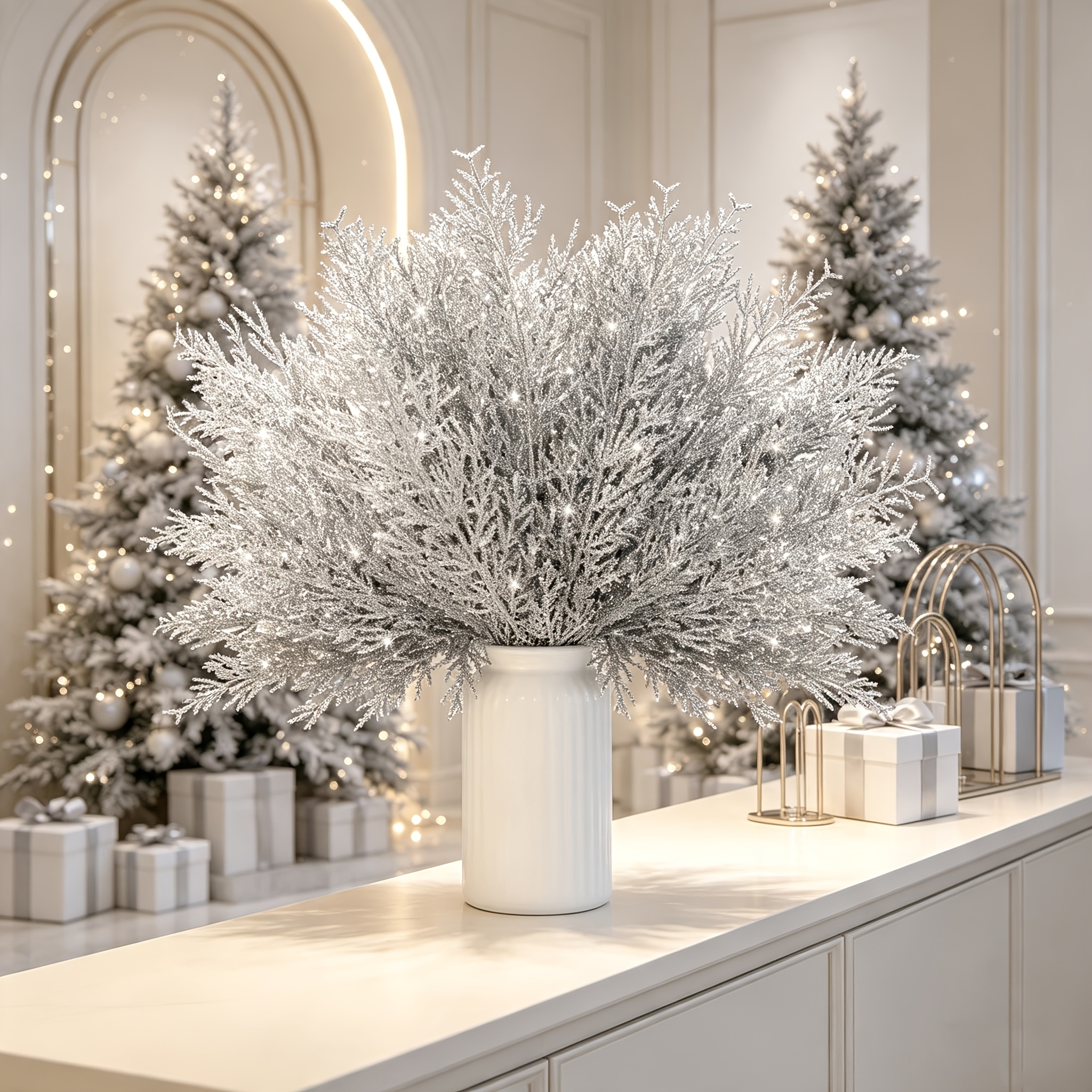 TEMU 24pcs Christmas Decorative Flowers Silvery Artificial Fir Branches - 13.5-inch Glitter Artificial Fir Branches - Silvery Artificial Fir Needles,