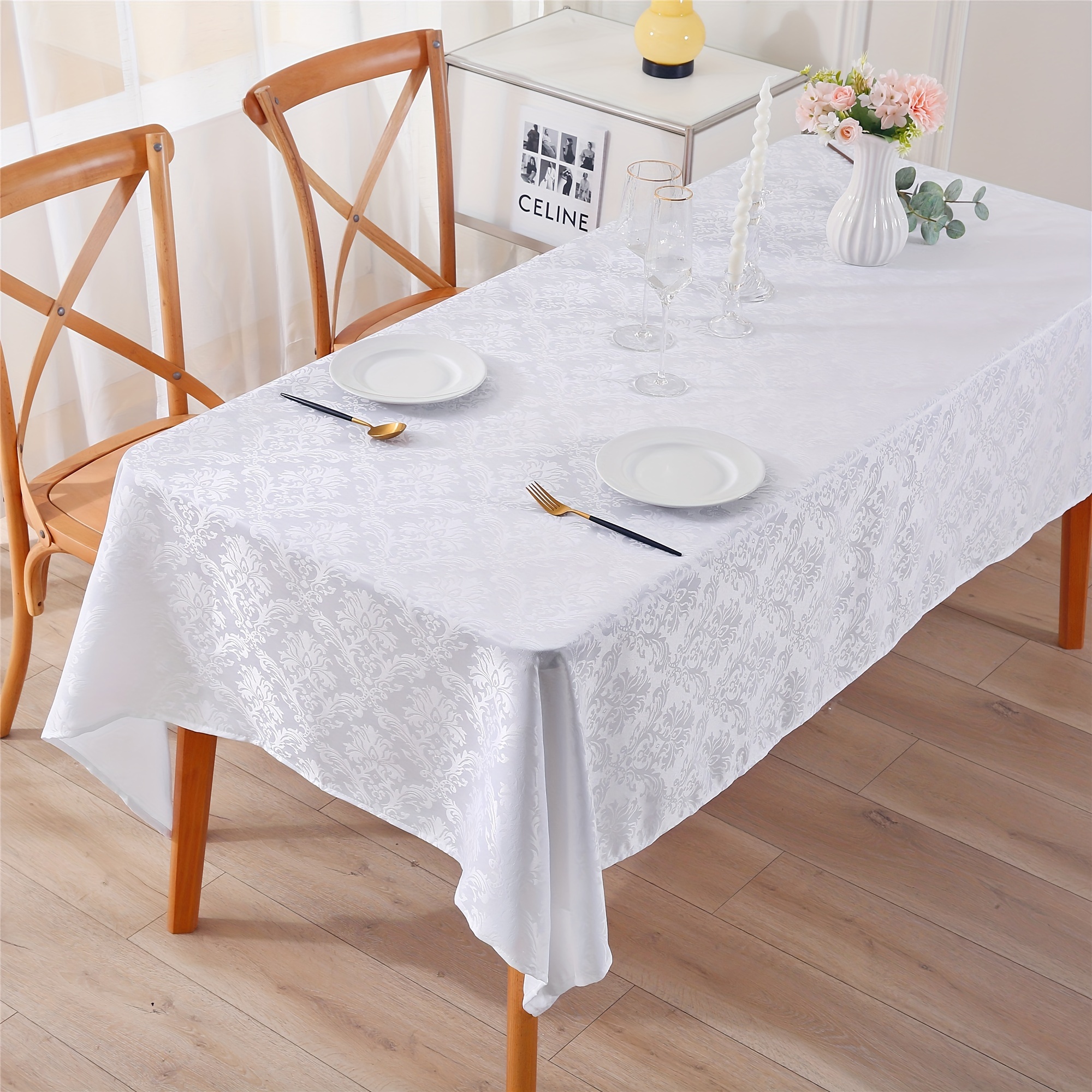 

1pc, Nappe, Nappe Rectangulaire pour Thanksgiving, Nappe Jacquard Blanche Imperméable, Nappe Ajustée Anti-Taches et Anti-Rides, Décoration de Table Lavable pour Fête, Repas