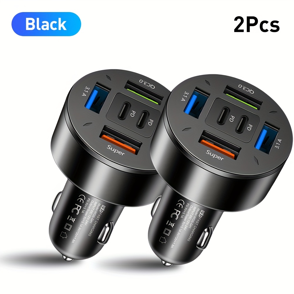 TEMU Kaxoe 2pcs Fast Charging Car Phone Charger, 4usb+2pd, 6-in-1, Fast Charging Car Charger, Fast Charging Car Phone Charging Adapter, For Iphone/