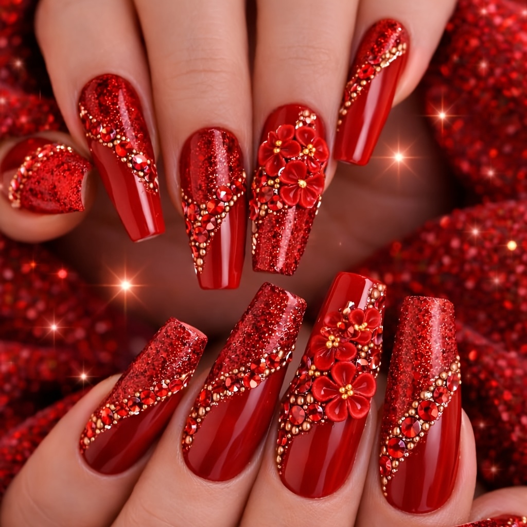 TEMU 24pcs Red Artificial Nails | Machine-, Glossy End, , Middle Length For Spring And Summer