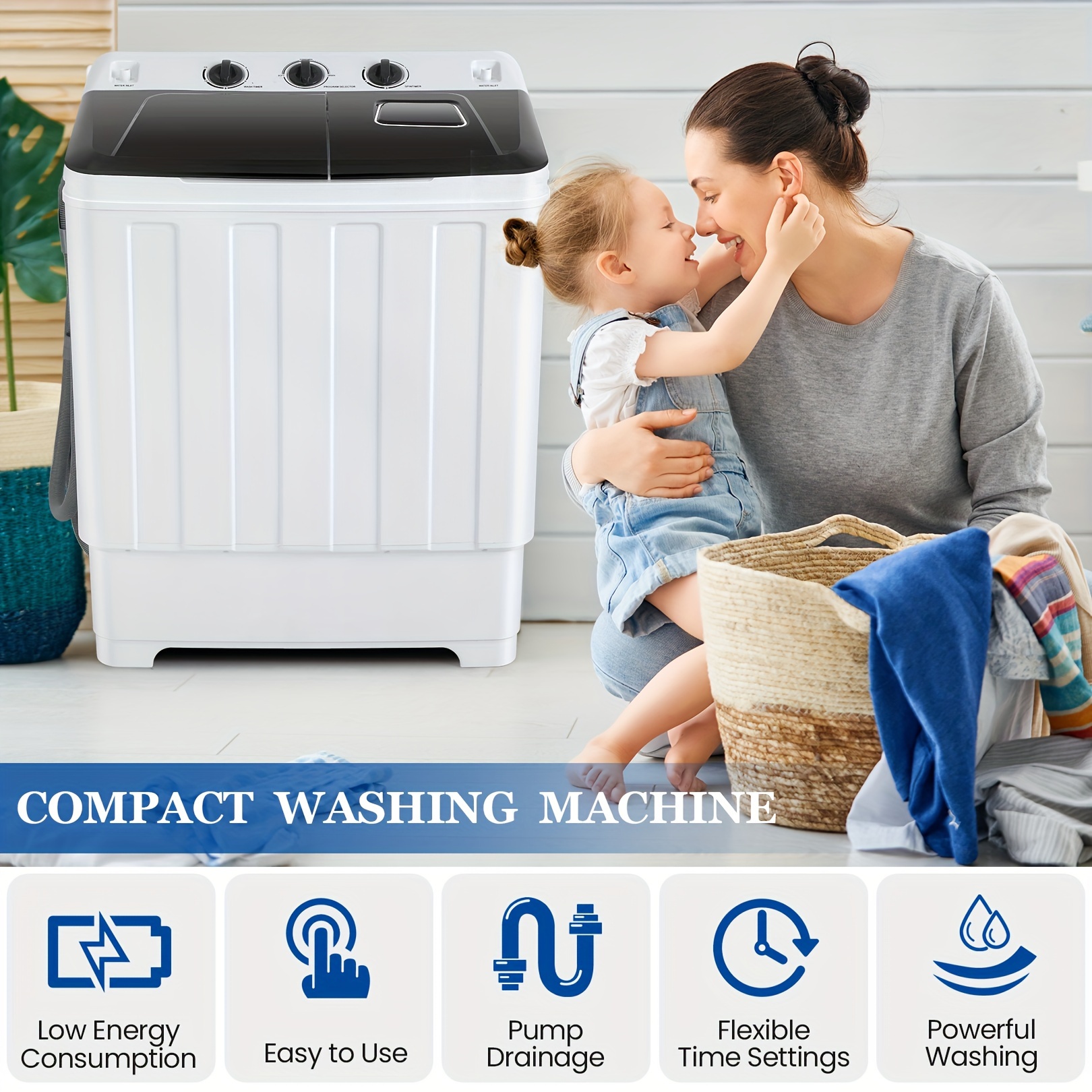

30lbs 2 In 1 Compact Twin Tub Washing Machine, 19lbs Washer And 11lbs Spin Dryer With Built-in Drain Pump, Durable Design, Time Control, For For Apartments, Dorms, Rvs