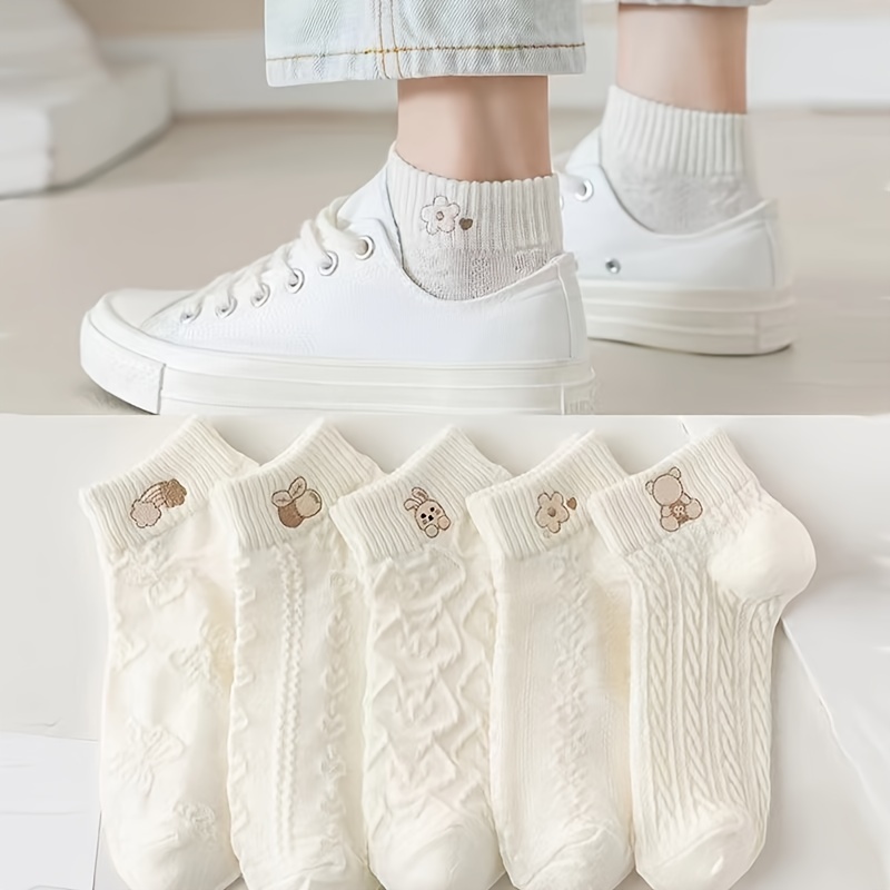 TEMU 5pcs Cute Teddy Bear Ankle Socks For Women, Soft & Comfy Polyester Blend, Fashionable All- Knit Design, Machine Washable - White With Assorted Bear Patterns