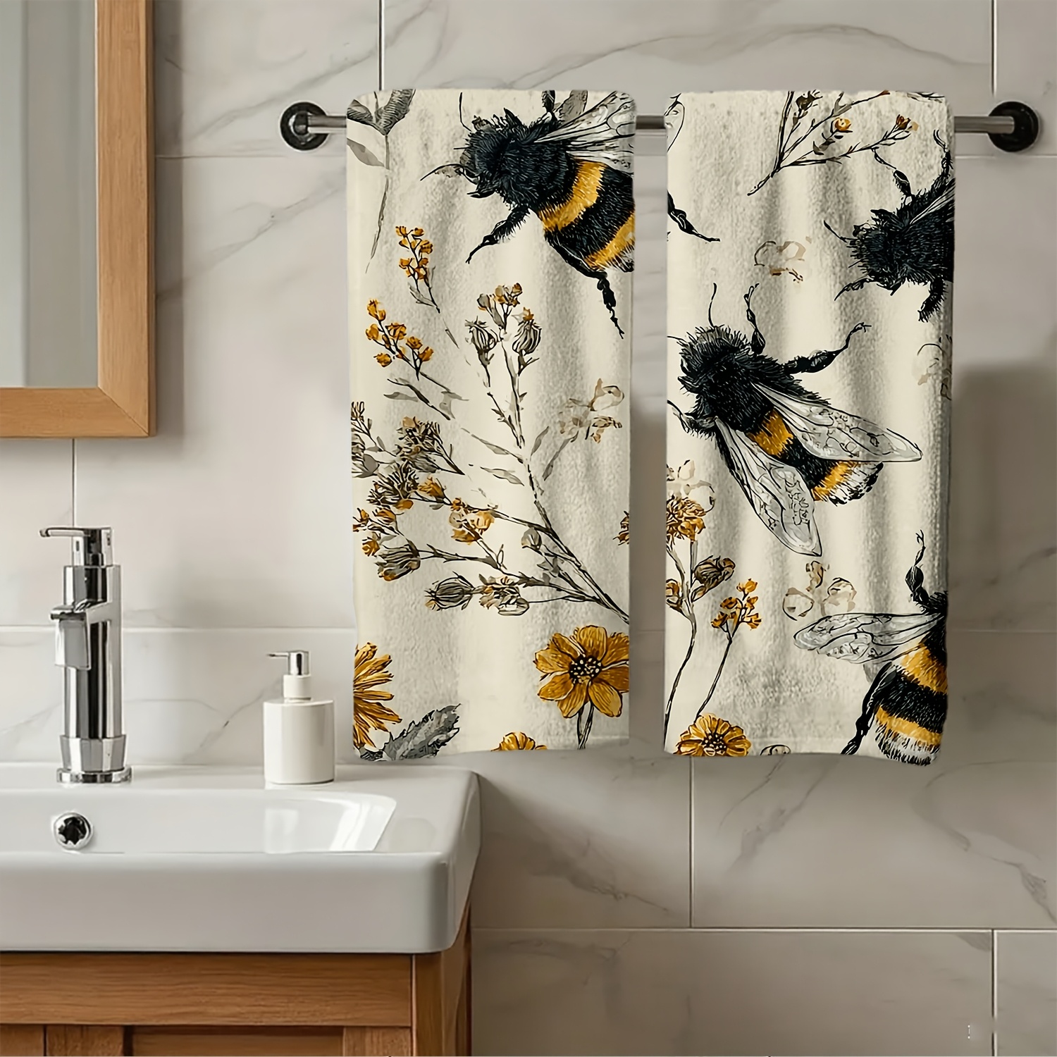 TEMU 2pcs Serviette Abeille et Motif Floral, Décoration Idéale , Accessoires de Soin Capillaire Unisexe, Serviettes de Soin Familiales pour Dortoir,