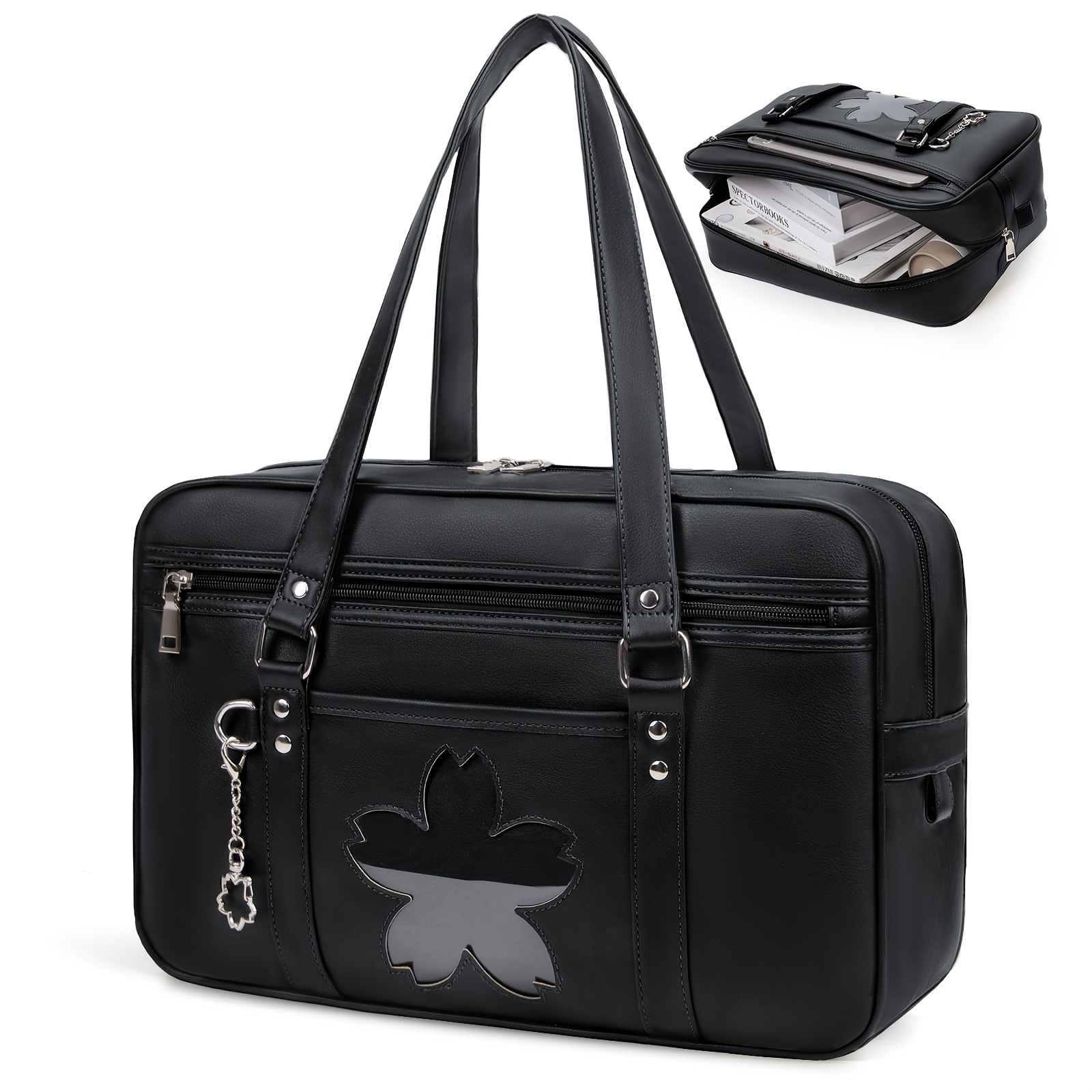 Image of School Bag High School Student Synthetic Women's Boston Bag Large Capacity Bag Shoulder Strap A4 Shoulder Strap Long Bag Study Travel Student Jk Uniform School Entrance Style Cute Black
