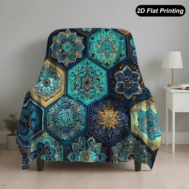 TEMU 1pc Sofa Towel, Pattern Hexagon Boho Mandala Blue Seamless Suitable For , Multifunctional, Machine Washable Sofa Cover, Suitable For Decorating