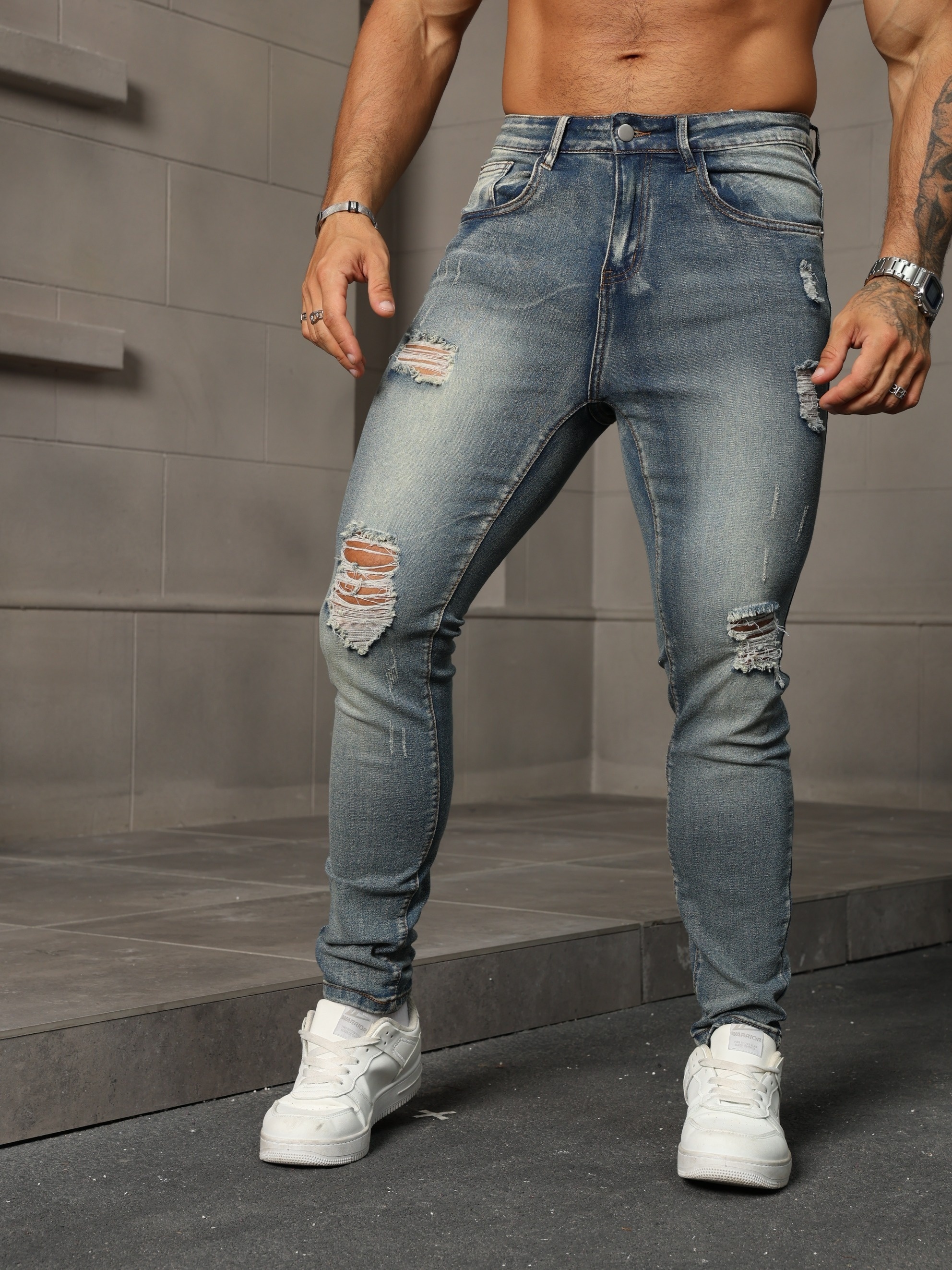 men's fit distressed knee ripped jeans stretch denim Temu Saudi