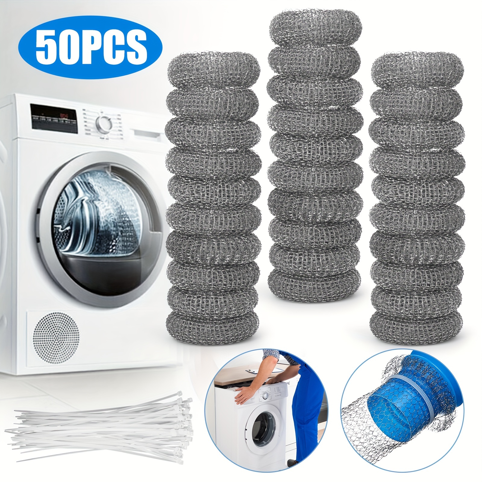 

50pcs Lint Traps For Washing Machine Drain Hose, Steel Filter Screen With Nylon Tie, Washer Hose Lint Catcher