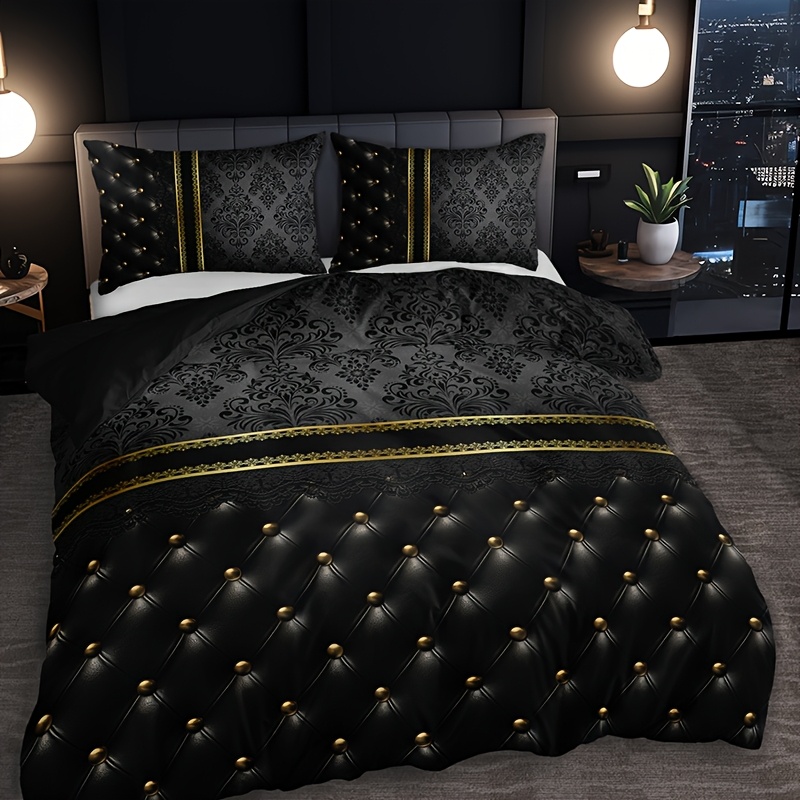 E-shop 2/3-teiliges luxuriöses Bettbezug-Set mit schwarz-goldenem Jacquard-Strukturmuster, 1 Bettbezug + 1/2 Kissenbezüge (Kissenfüllungen nicht