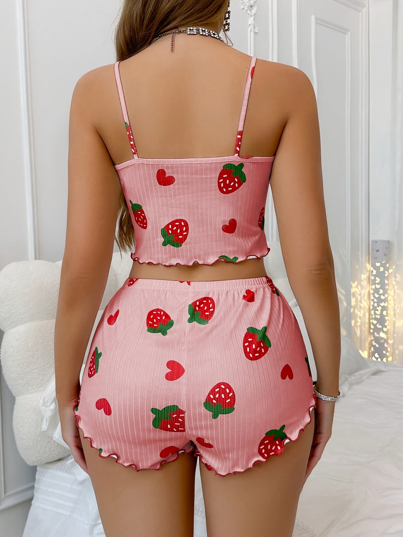 Women'S Strawberry Print Cami Top & Shorts Pajama Set - Cute Summer Sleepwear with Bow Detail, White with Red & Green Strawberries, Sleeveless Spaghetti Strap Design, Perfect for Casual Lounging, Lounging Outfit|Playful Print Top|Playful Print Bottom, Loungewear