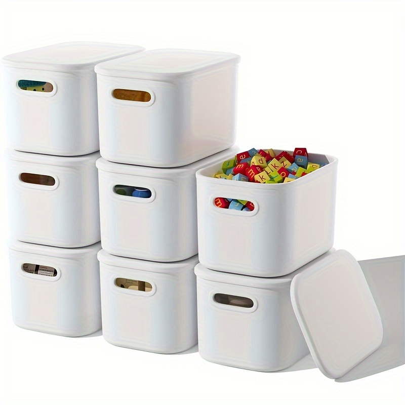 

8pcs White Stackable Storage Bins With Lids - Modern Plastic Organizer Containers With Handles For Crafts, Snacks, Desk & Dorm Cosmetic Organization, Storage Bins For Home Organization