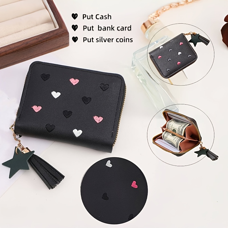 

1pc Stylish With Heart Embroidery & Tassel Zipper – Compact Multi-functional Coin Purse, Cash & Card Holder – Perfect Gift For Women (sister, Aunt, Mom, Grandma)