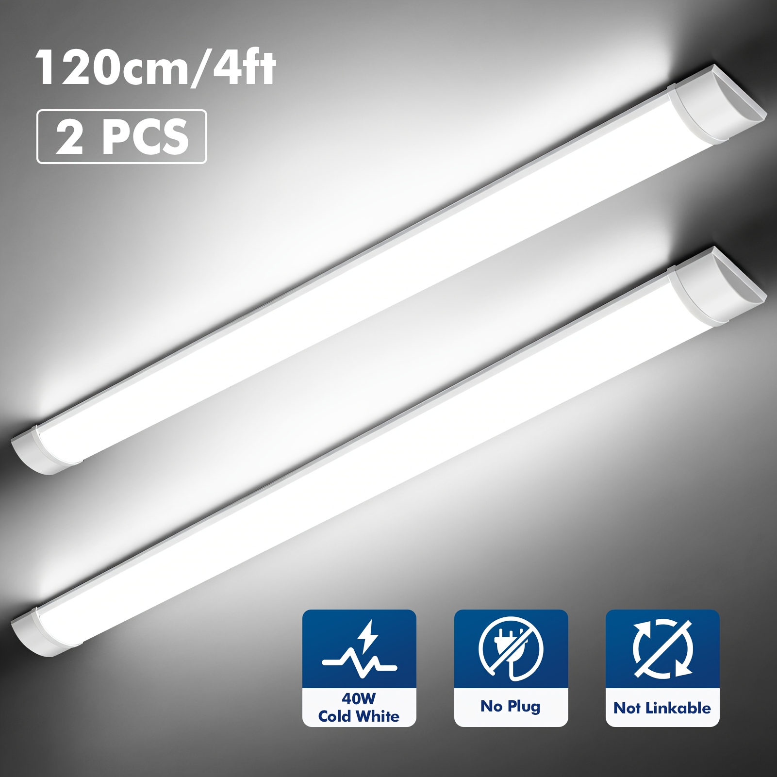 2 Pack 4ft Led Garage Lights, 40w 4000lm Led Batten Light 120cm, 6500k Cold Light For Workshop, Slim Ceiling Light Fixture For Office Gym Basement, , Non-linkable