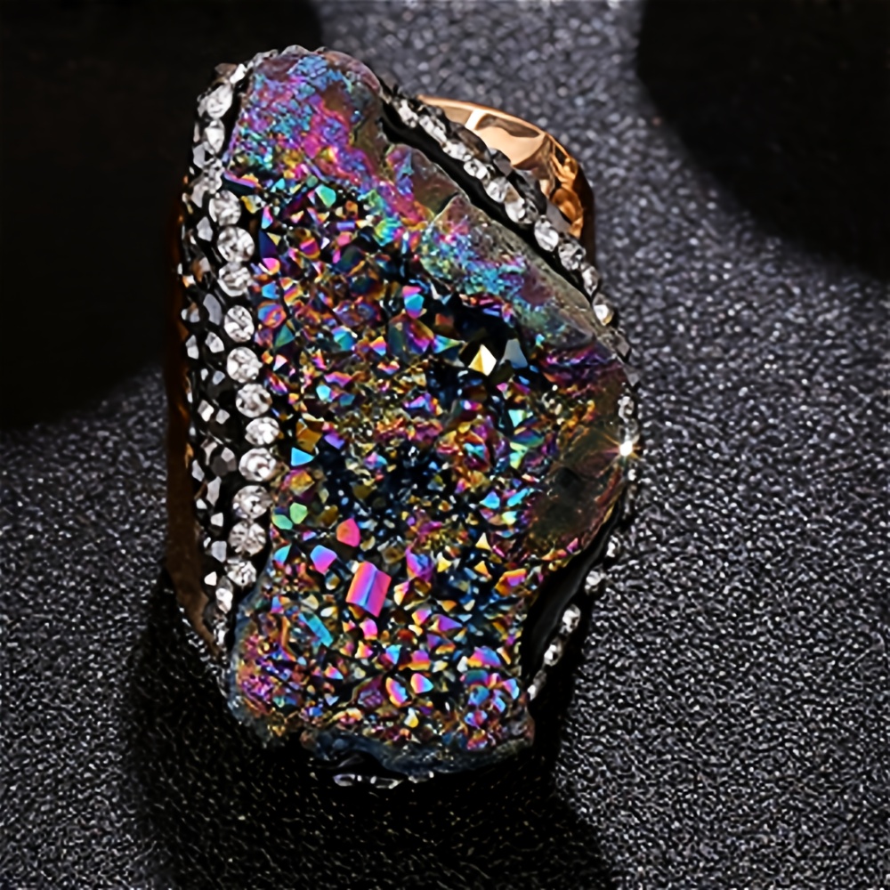 Adjustable Wide Band Ring With Natural Agate Clusters - Colorful Stone Unisex Jewelry For , Retro Design For Casual Attire