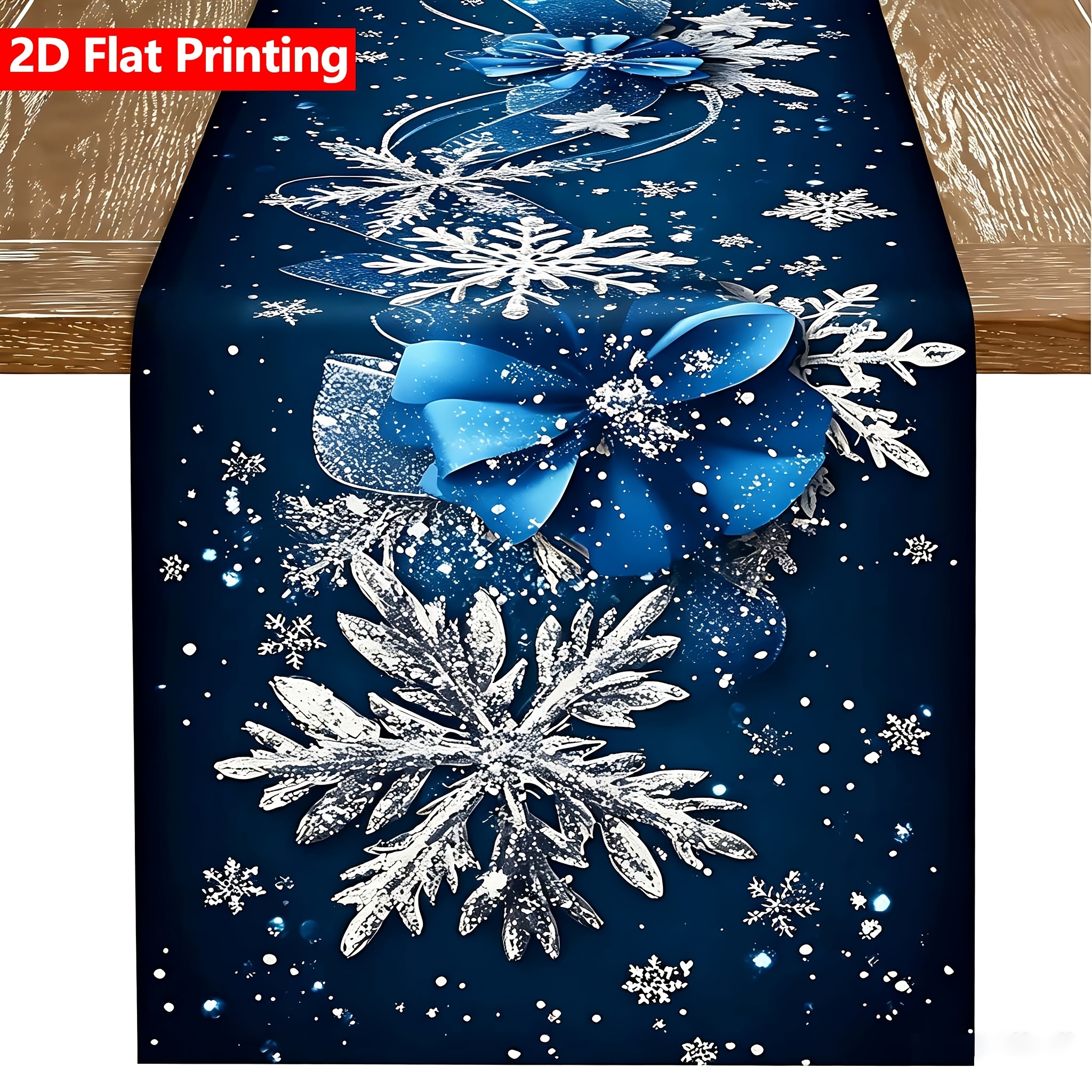 TEMU 1pc 2d Flat Christmas-themed Table Runner, Dynamic Blue Ribbon And Exquisite Bow Detail, Background With Sparkling Silvery-white Snowflakes,