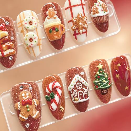 10pcs handmade christmas press on nails medium almond shape 3d gingerbread donut christmas tree nails full cover reusable acrylic false nails for women christmas gift