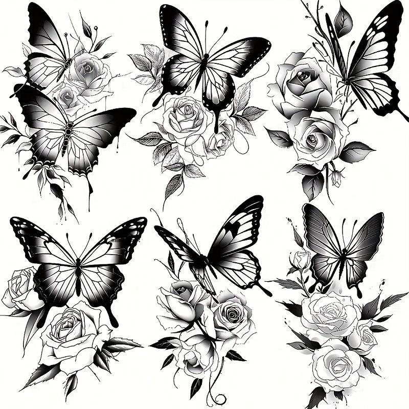 Image of 6 Black And Rose Temporary Tattoos For , Suitable For Adult Men And Women, Large Half-sleeve Body Art Temporary Tattoo Stickers, Waterproof Realistic Temporary Tattoo Decals