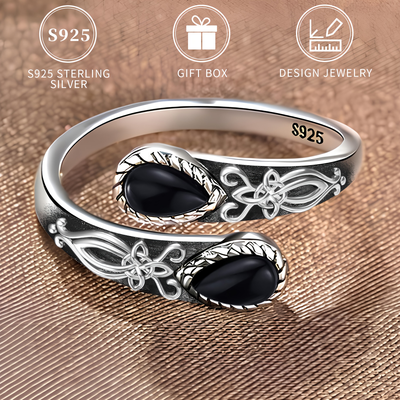 

1pc Vintage S925 Sterling Silver Knot Black Agate Spoon Ring For Women, Adjustable Thumb Jewelry, Hypoallergenic, Heart & , Ideal For & Thanksgiving Gift, Comes With Gift Box