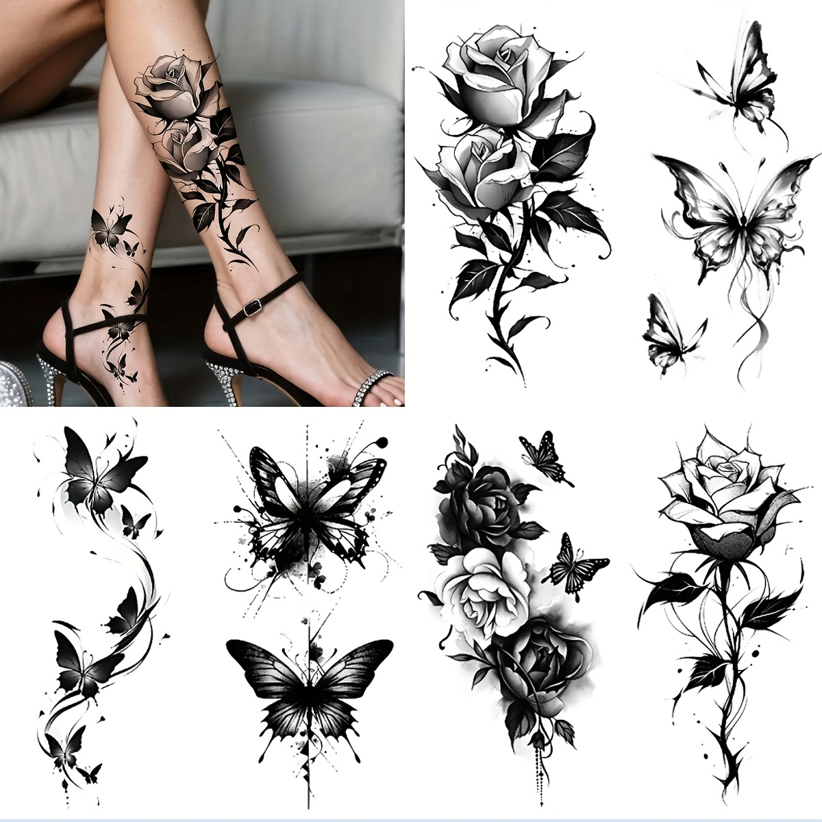 Image of 6 Sheets Black And Floral Women's Temporary Tattoos - Waterproof, Long-lasting Arm And Leg Body Art Stickers With Rose And Designs