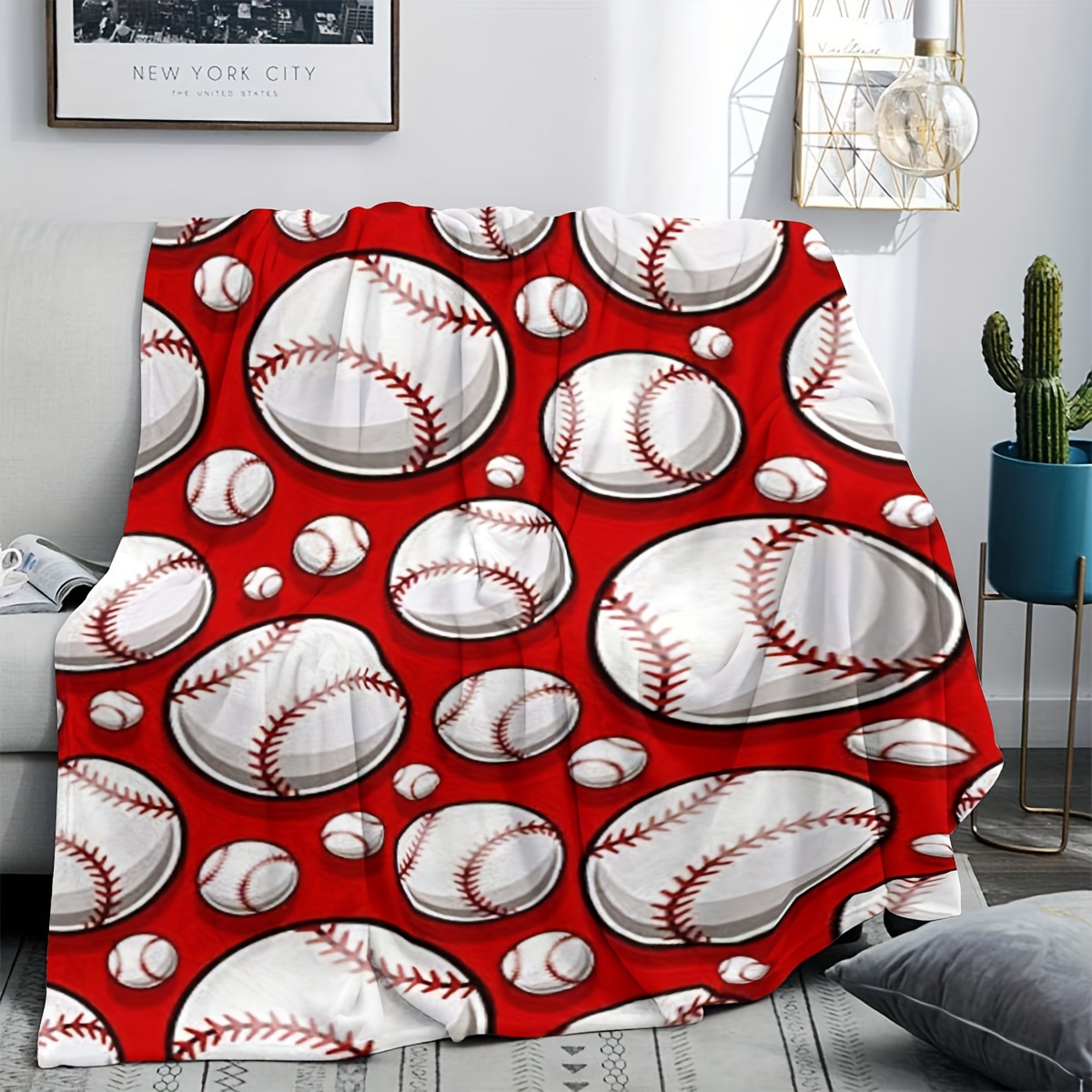 

Reversible Baseball Throw Blanket - Contemporary Style, Soft Flannel, Knitted Polyester, Machine Washable, Multipurpose Sports Print For Baseball Enthusiasts