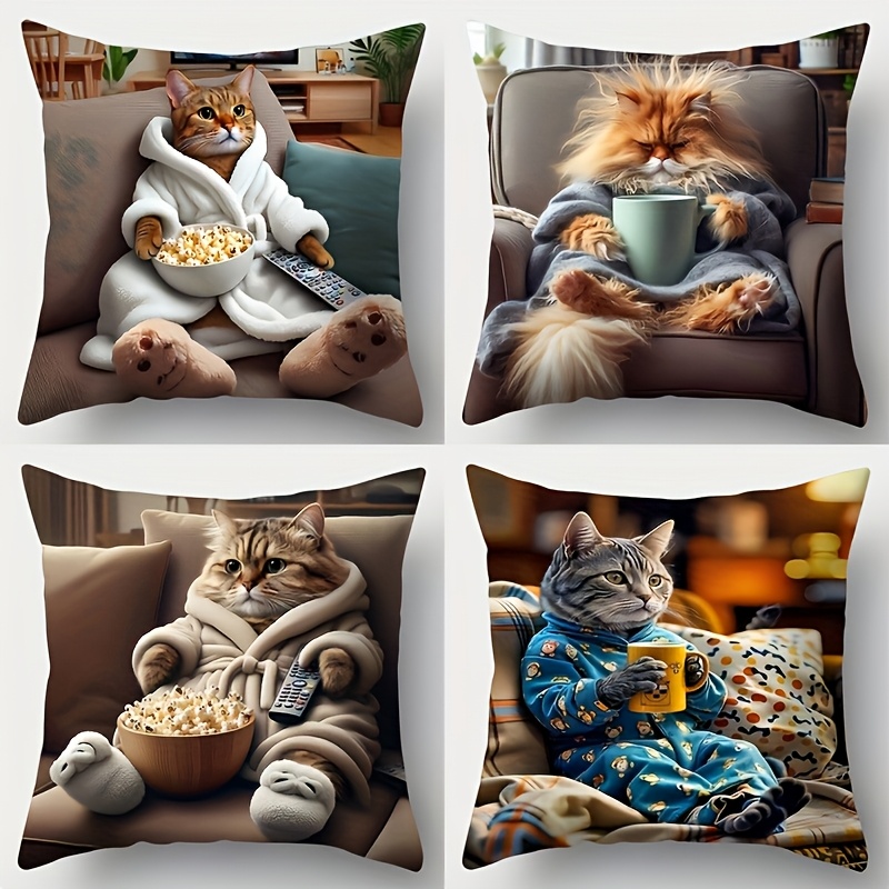 E-shop 4er-Set Niedliche Katzen-Kissenbezüge | 18x18 Zoll Polyester, Reißverschluss, Einseitiges Design, Handwaschbar, Zeitgemäßer Stil für Wohnzimmer