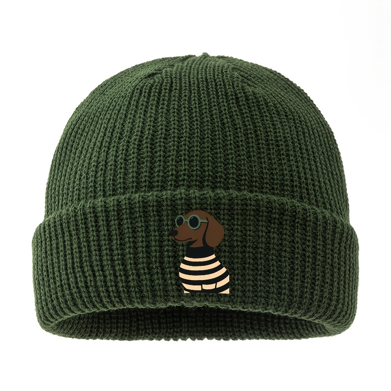 TEMU 1pc Knitted Beanie, Printed Knitted Beanie, Fashion Printed Striped Sweater Sunglasses Sausage Dog Melon Knitted Hat, Unisex Fall Winter , Short