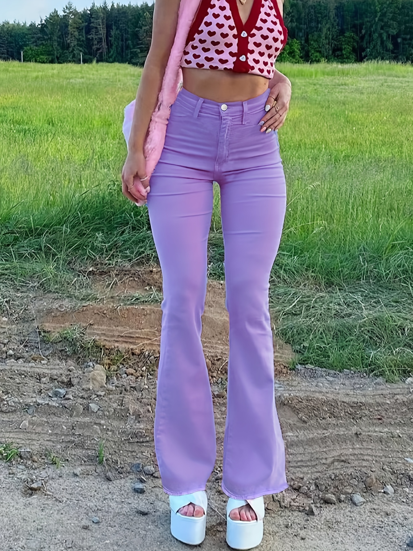 Elegant Plain Wide Leg Mauve Purple Women Pants (Women's) 