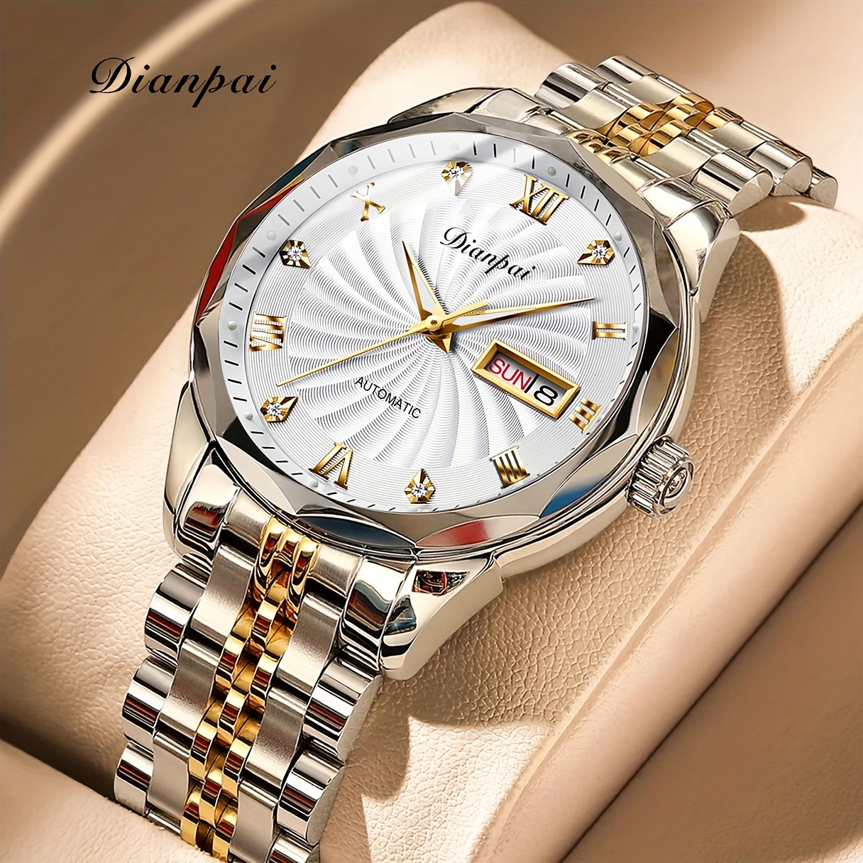 Dianpai Men's Business Automatic Mechanical Watch, Stainless Steel Strap, Week Calendar Display, Night Light Men's Watch - Gift, Without Battery
