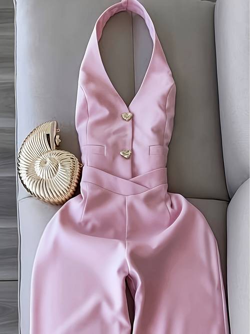 Artikelbild damen eleganter rosa ärmelloser neckholder-jumpsuit mit - taillenbetonung, beine