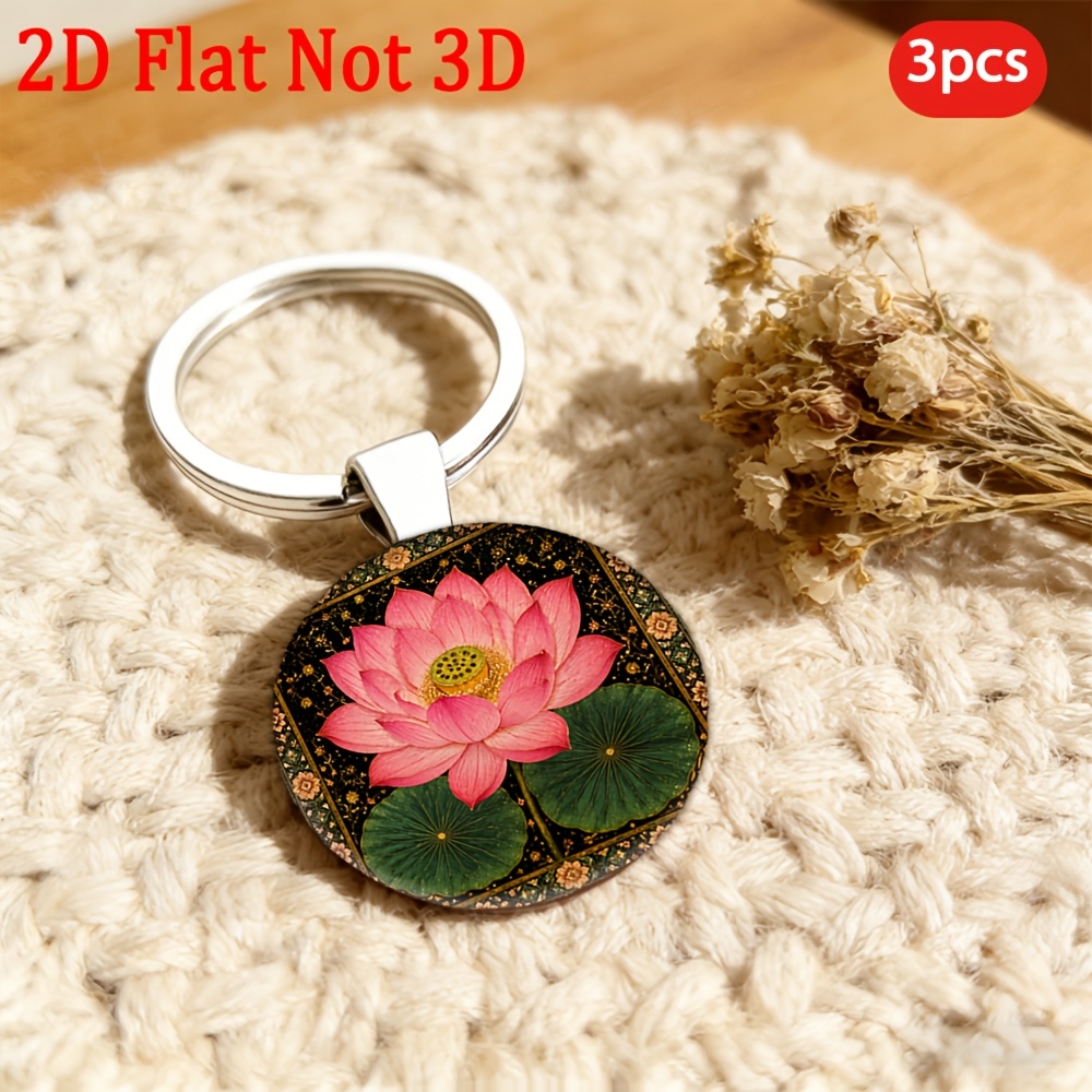 Fashionable Pink Lotus Patterned Round Key Pendant Keychain, 3pcs