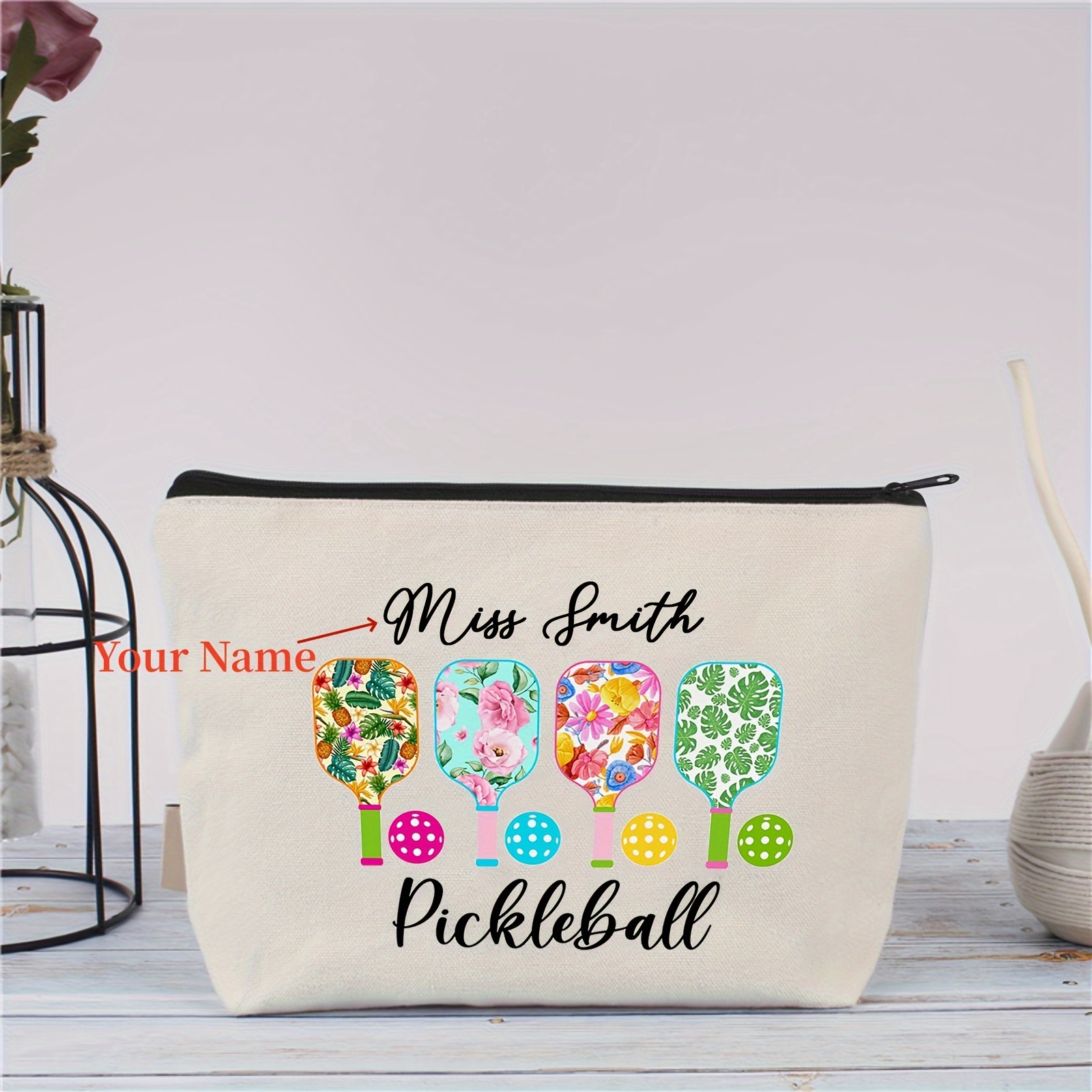 

Customized Pickleball Themed Canvas Toiletry Bag - Lightweight, Foldable Cosmetic Pouch With Zipper Closure, Ruffle Detail - Personalized Gift For Women And Players