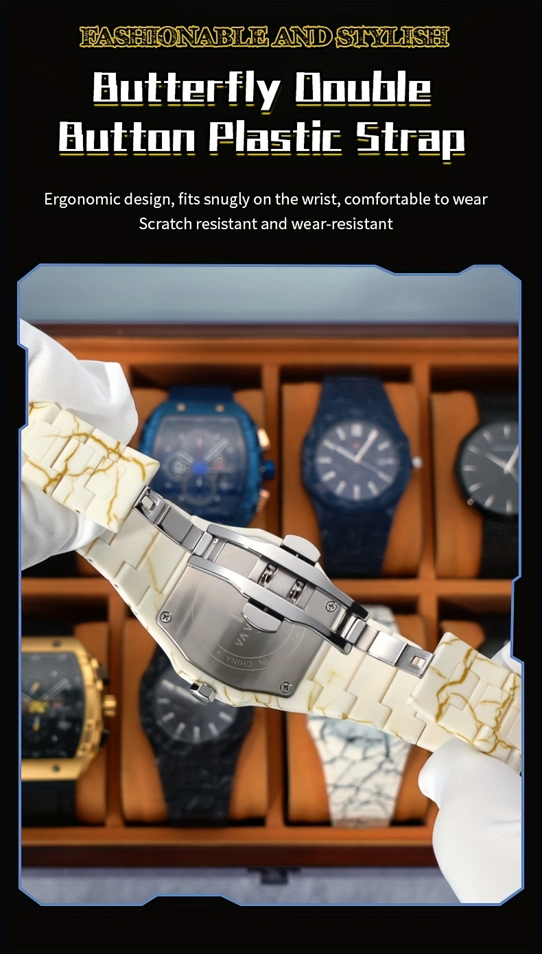 mens luxury quartz watch 40mm oval blue dial luminous calendar feature   marble striped plastic strap waterproof 30m battery powered electronic movement non rechargeable button battery regular cleaning   leisure wristwatch details 8