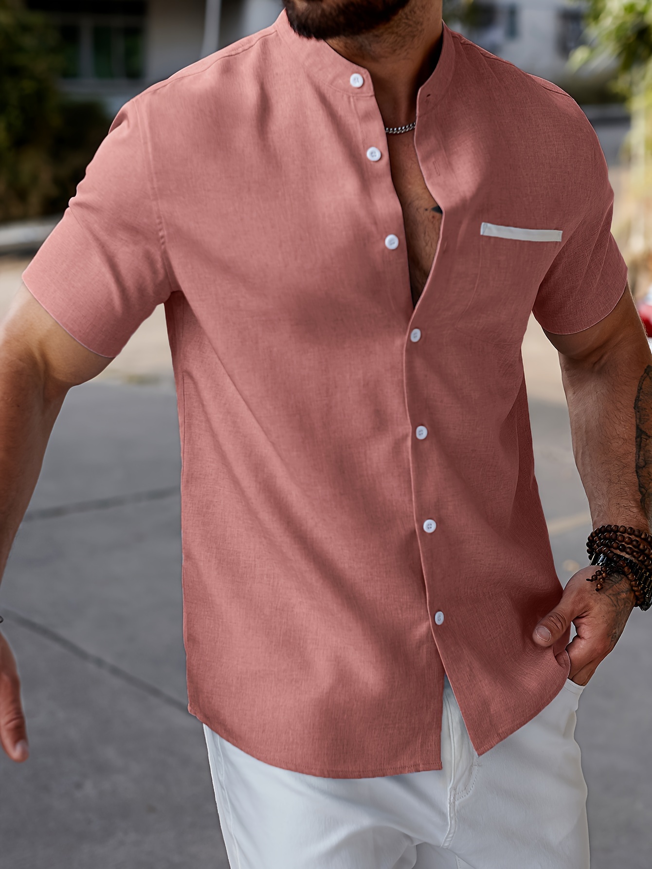 mens solid casual short sleeve button down shirt with chest pocket and stand collar for summer