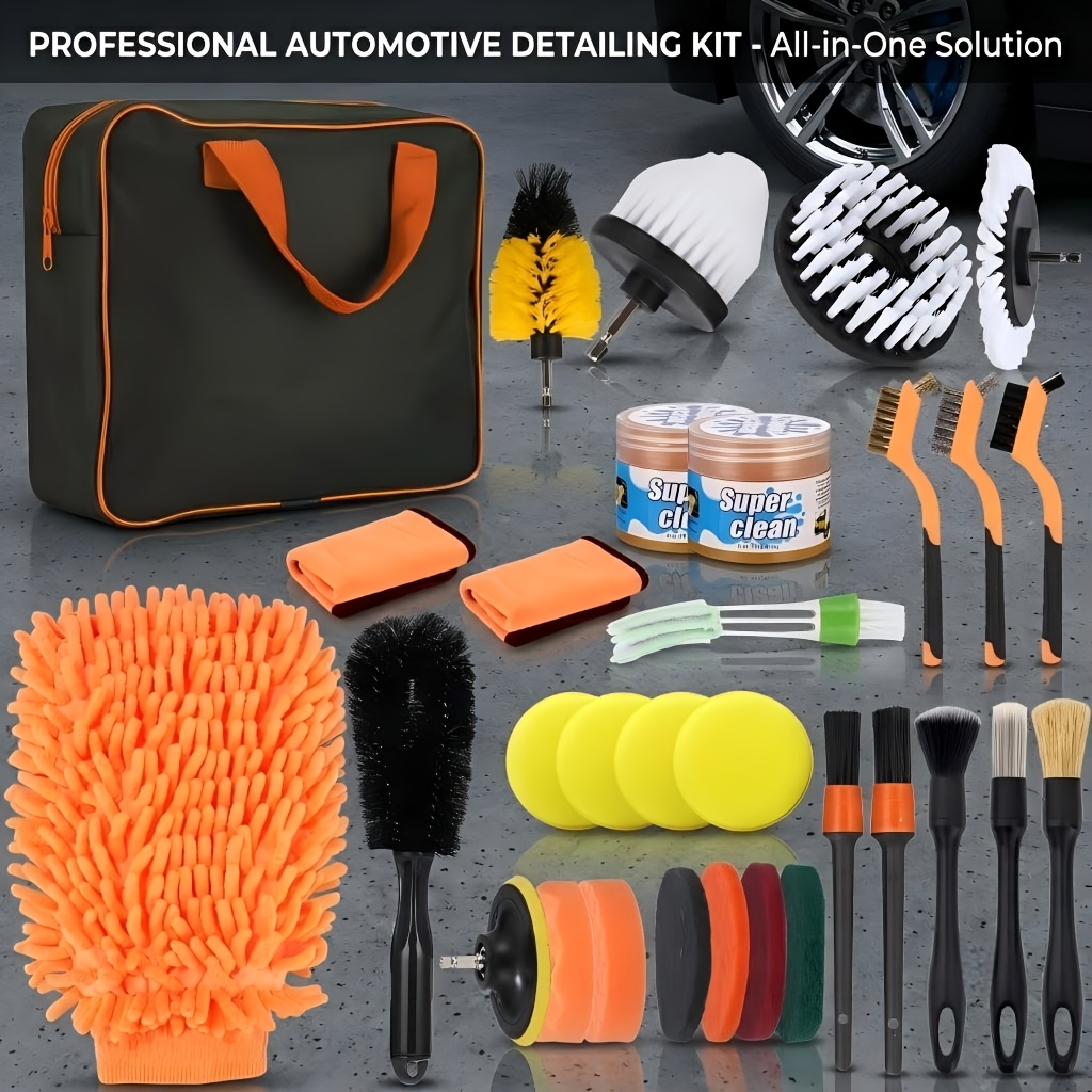 Image of 31pcs Car Cleaning Brush Set With Storage Bag Multi-piece Car Detailing Kit, Including Drill Brushes And Car Wash Gloves, Suitable For Vehicle Interior And Exterior Cleaning.
