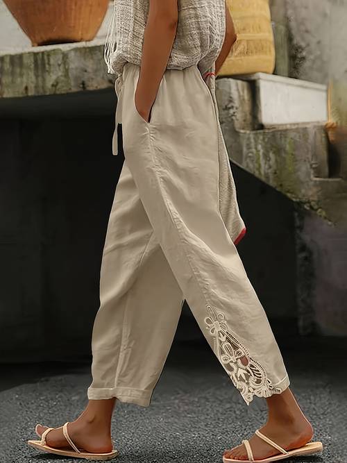 immagine dell'articolo pantaloni casual a larga da donna con vita e coulisse - 95% poliestere, 5% spandex, lavabili in lavatrice, per estate