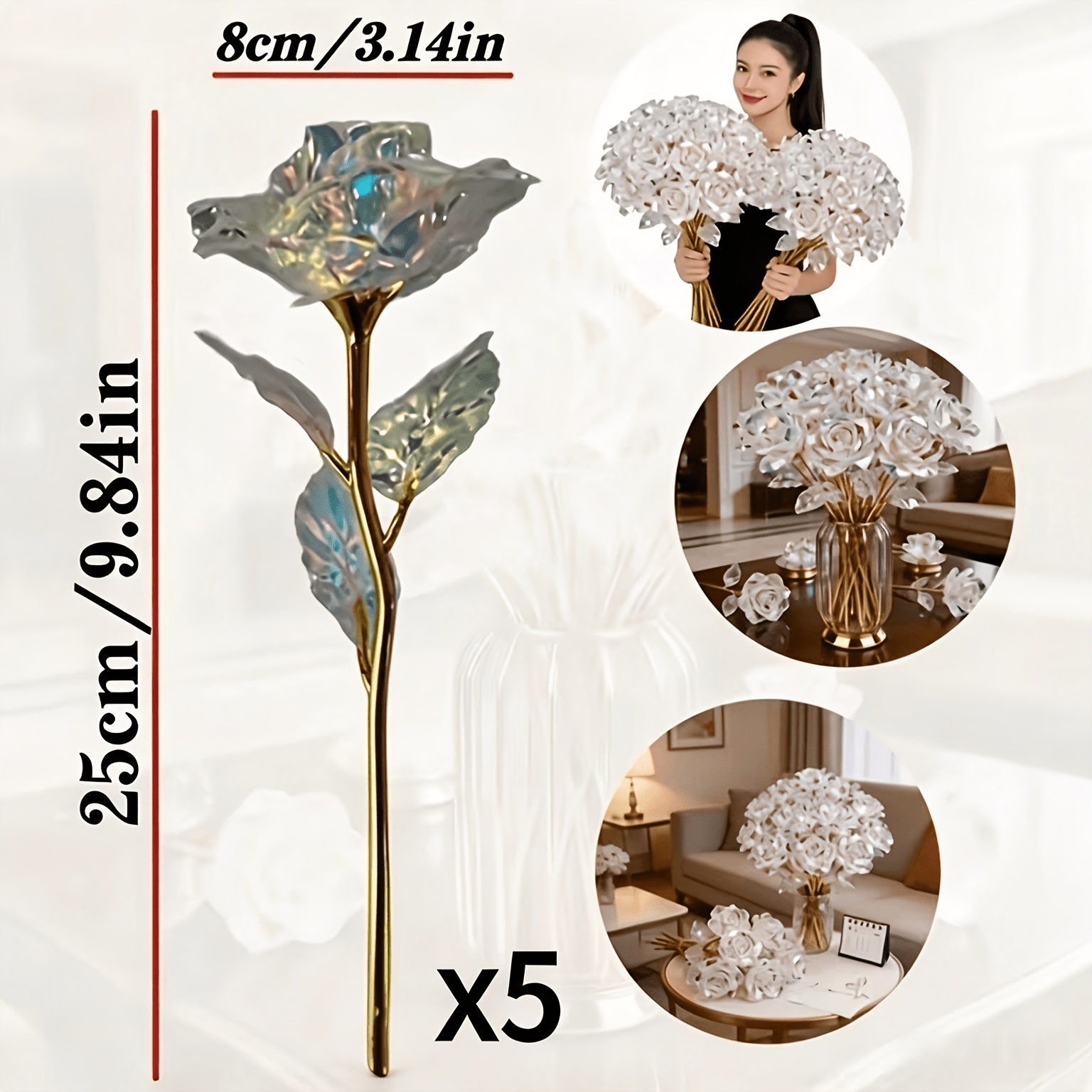 TEMU 5pcs Rosas Artificiales Chapadas en Oro, Flores de Cristal, Adecuadas para de San Valentín, Navidad, Acción de Gracias, Día de la | Regalo Ideal