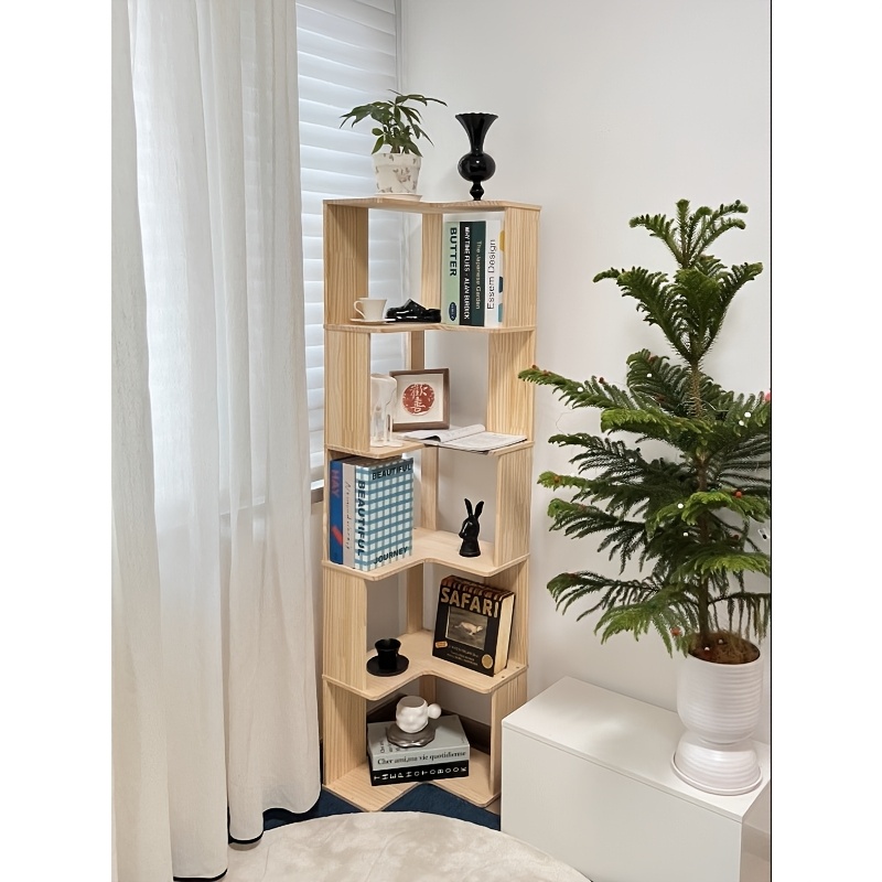 Full Solid Wood Corner Bookshelf, No Paint No Formaldehyde, Space-Saving Storage Shelf, 3/4/5 Tier Rustic Corner Bookcase, Stable Standing Bookcase for Bedroom Living Room Home Decor, Easy Assembly