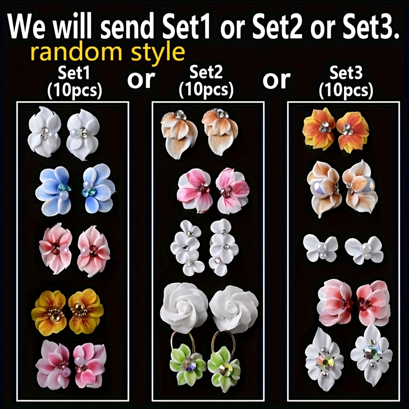 Image of 10pcs 3d Handmade Acrylic Carved Flower Nail Art Charms Rhinestone Floral Jewelry Cherry Nail Supplies. 3 Styles
