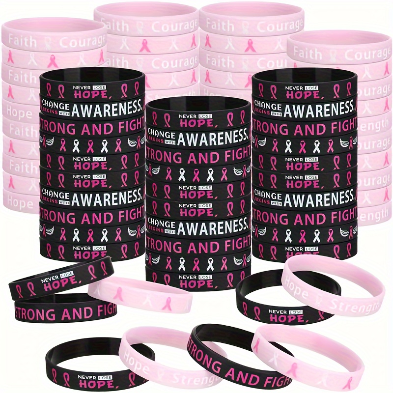 

60-piece Breast Cancer Awareness Wristbands Set – Silicone Bands With Hope, Faith, Strength, Messages – Comfortable Stretchy Support Accessories For Women – No-plating No-mosaic Material Gifts