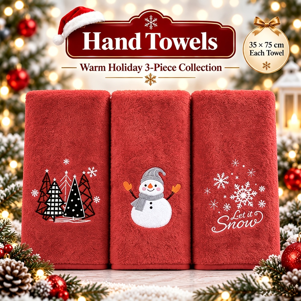 TEMU 3pcs Modern Christmas Embellished Hand Towels - Options Suitable For Bath &, Microfiber Holiday Decorative Towels With Red & Colors, Elegant