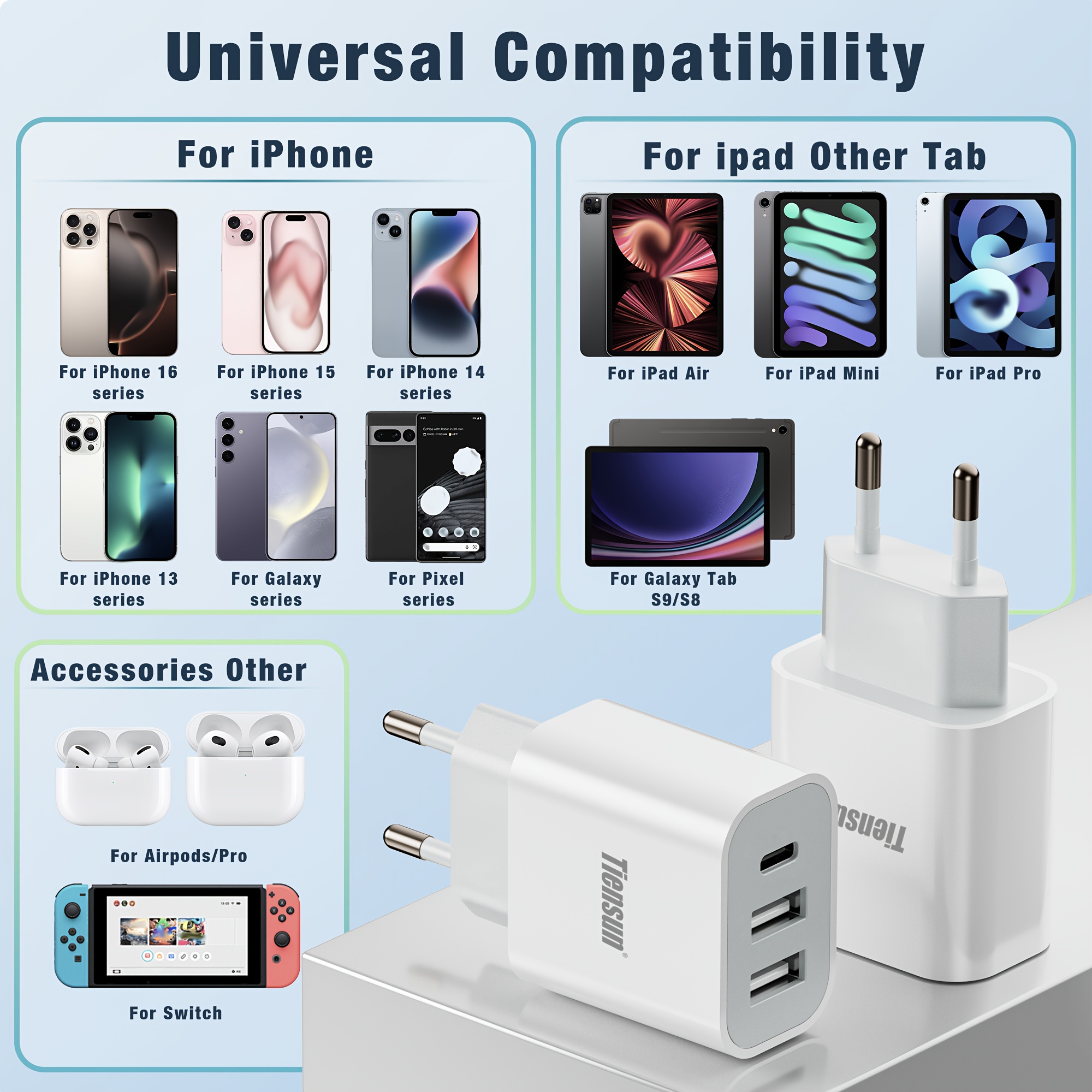 3-в-1 Зарядно с 2 USB-A, 1 Type-C | TIENSUN QC PD Адаптер за бързо зареждане, 220V-240V, Мултиинтерфейсна зарядна глава