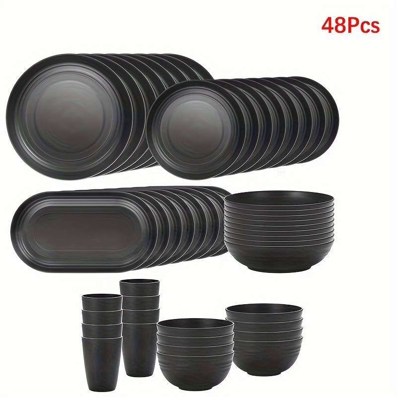 

48 Pieces Black Pp Plastic Dinnerware Set: Includes Plates, Bowls, Cups, And Serving Dishes - , Microwave Safe, And Dishwasher Friendly