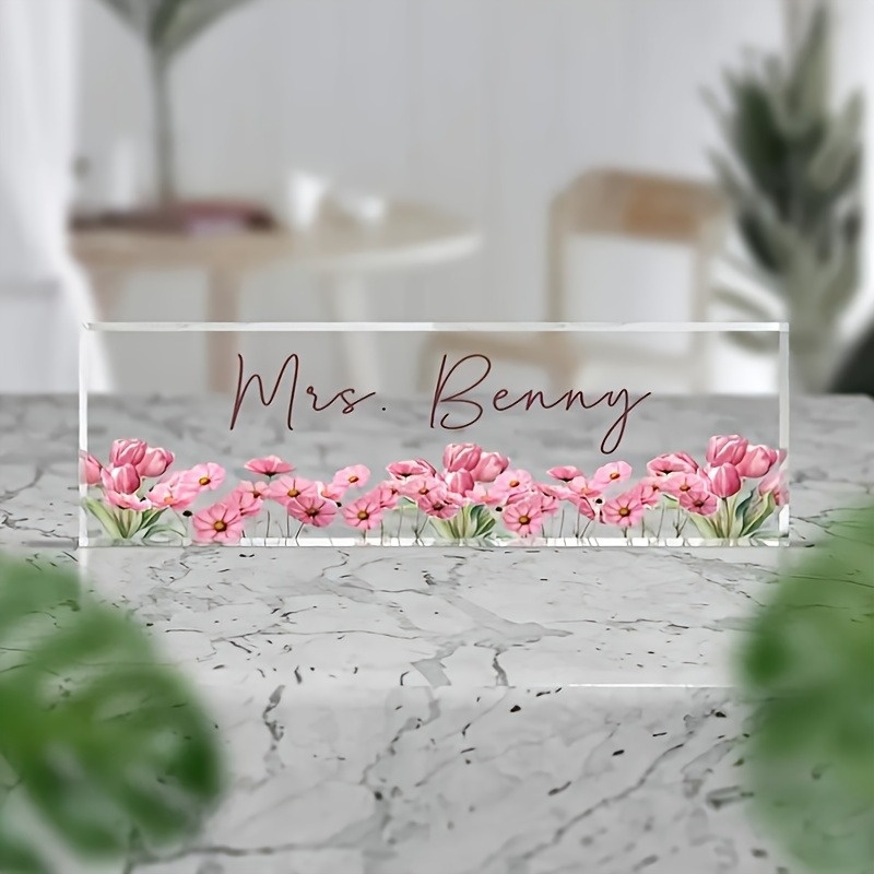 TEMU 2d Flat - [2d Flat] A Customized Acrylic Nameplate With A 2d Flat Design Featuring An Elegant Floral Pattern, Ideal For Gifts To Decorate