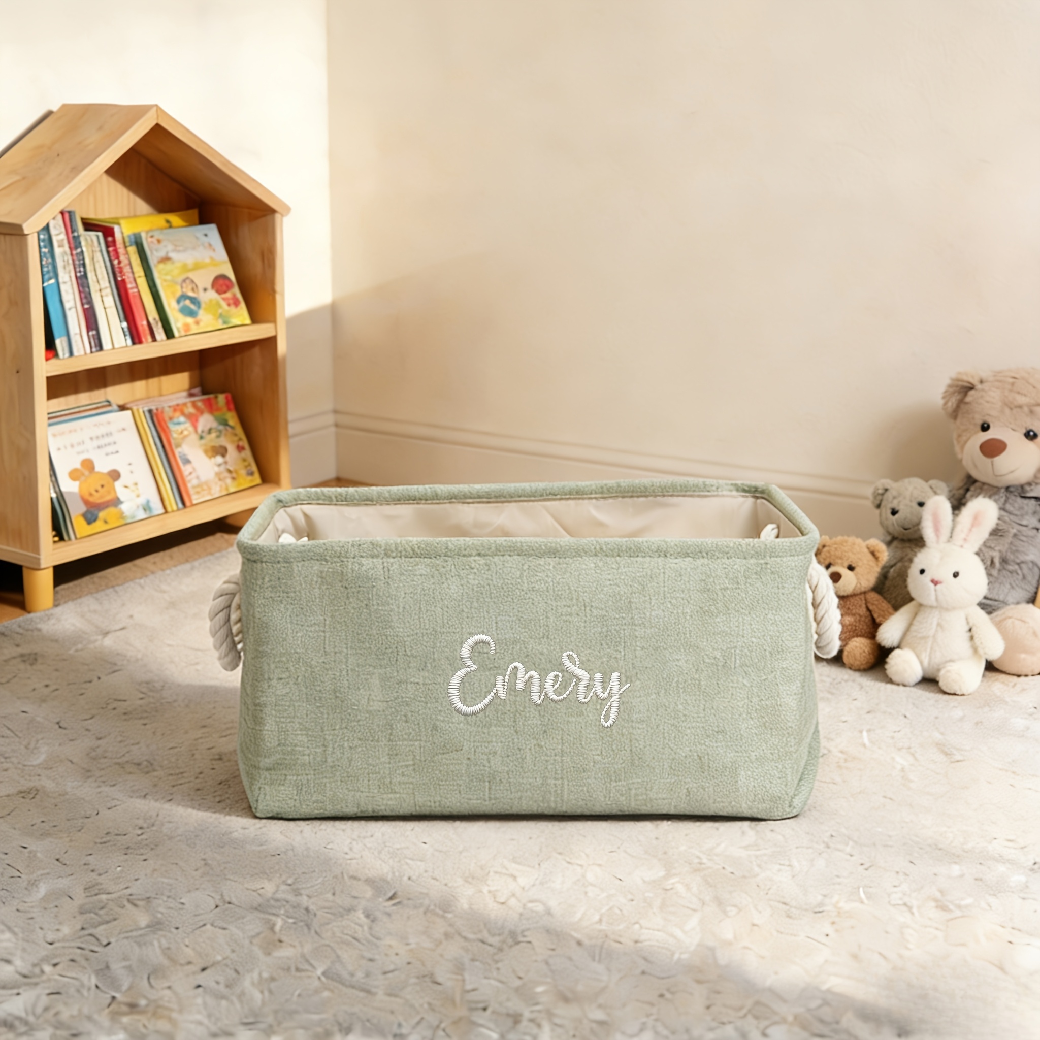 TEMU 1pc Personalized Storage Basket | Foldable Linen Bin With Custom Name Design, Embroidered, Modern Soft Storage Solution, Rectangle Shape, ,