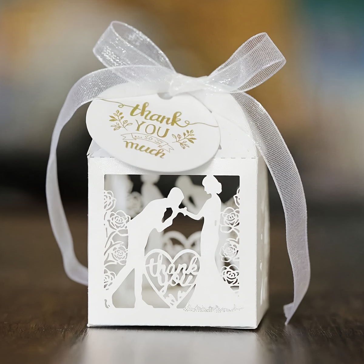 TEMU Gift For Her/him 50pcs Pack Wedding White Gift Boxes With Ribbon, "thank You" Tag, For Bride And Groom, Romantic Laser-cut Hollow Design,