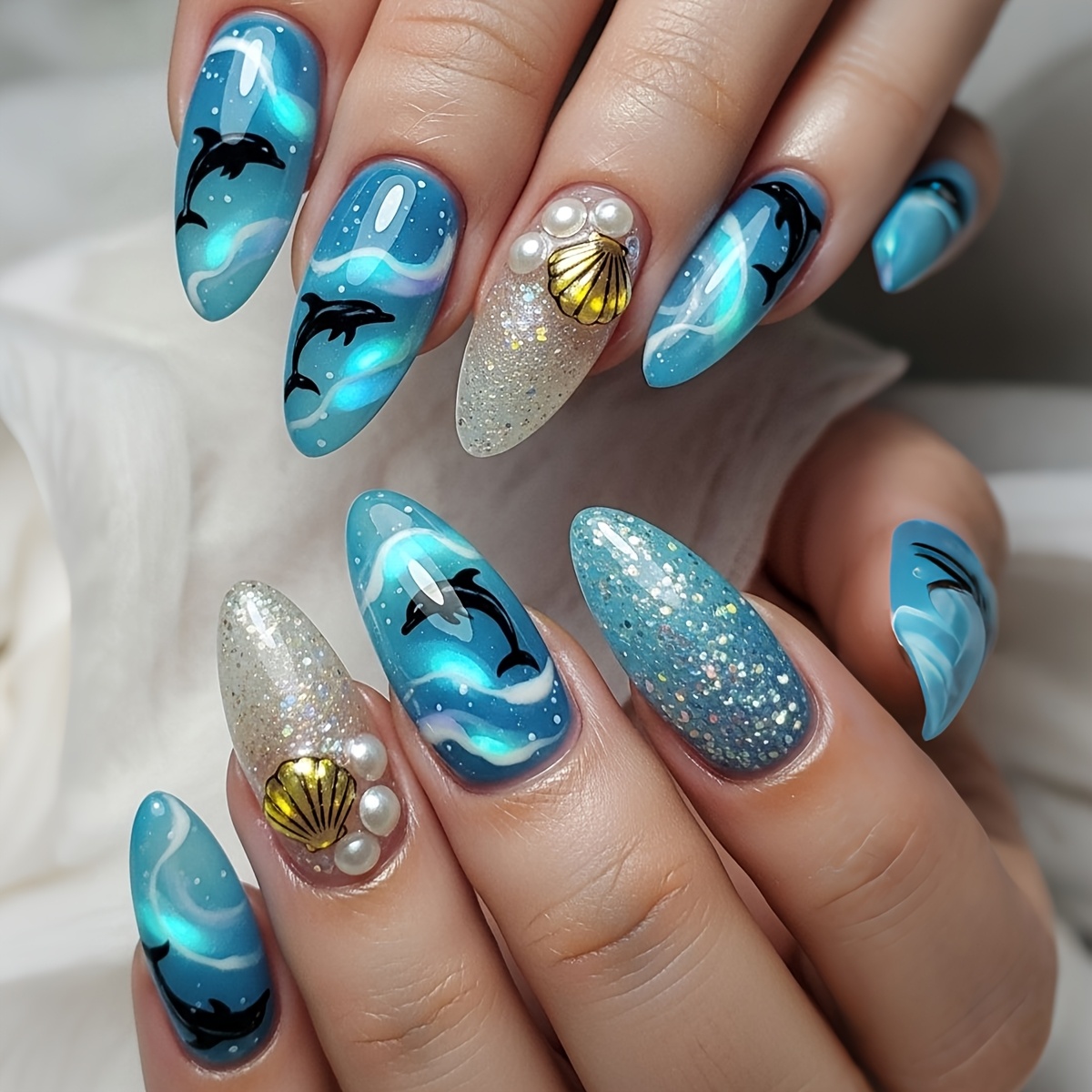 24pcs dolphin , blue gradient with seashell &, summer beach nails